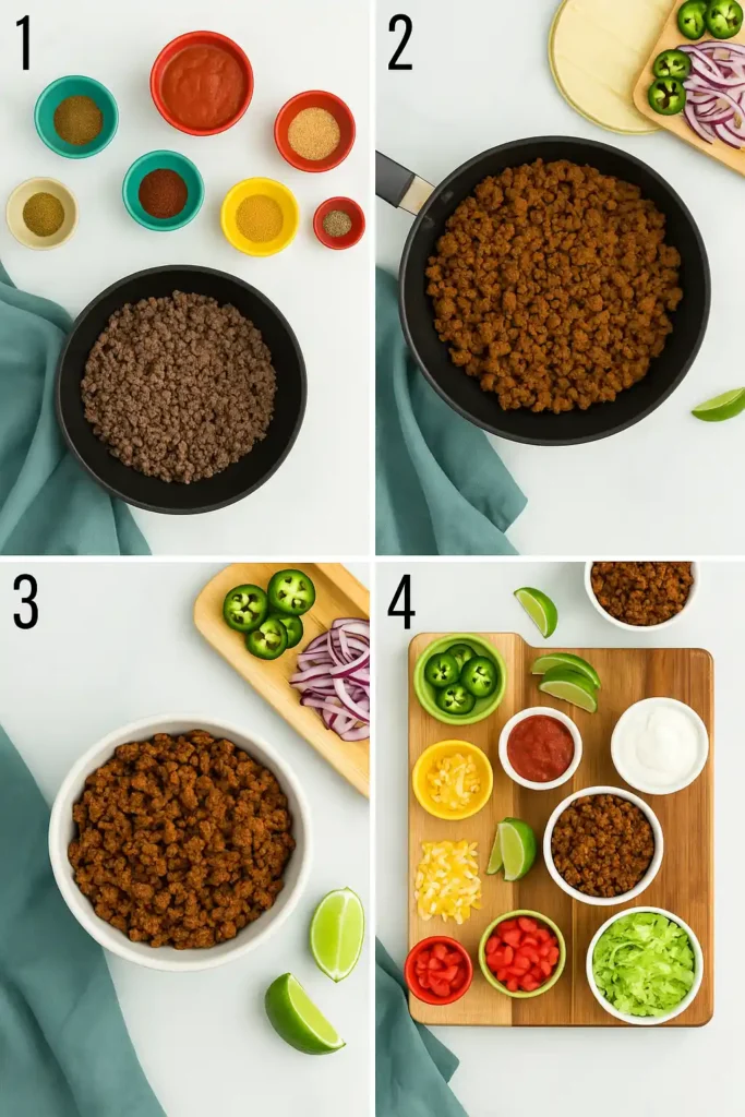Four-step collage showing the process of making gluten-free beef tacos: ingredients and cooked beef in a skillet (step 1), seasoned beef with tortillas and toppings (step 2), cooked taco meat with sliced jalapeños and onions (step 3), and a final arrangement of toppings and taco fillings on a wooden board (step 4).
