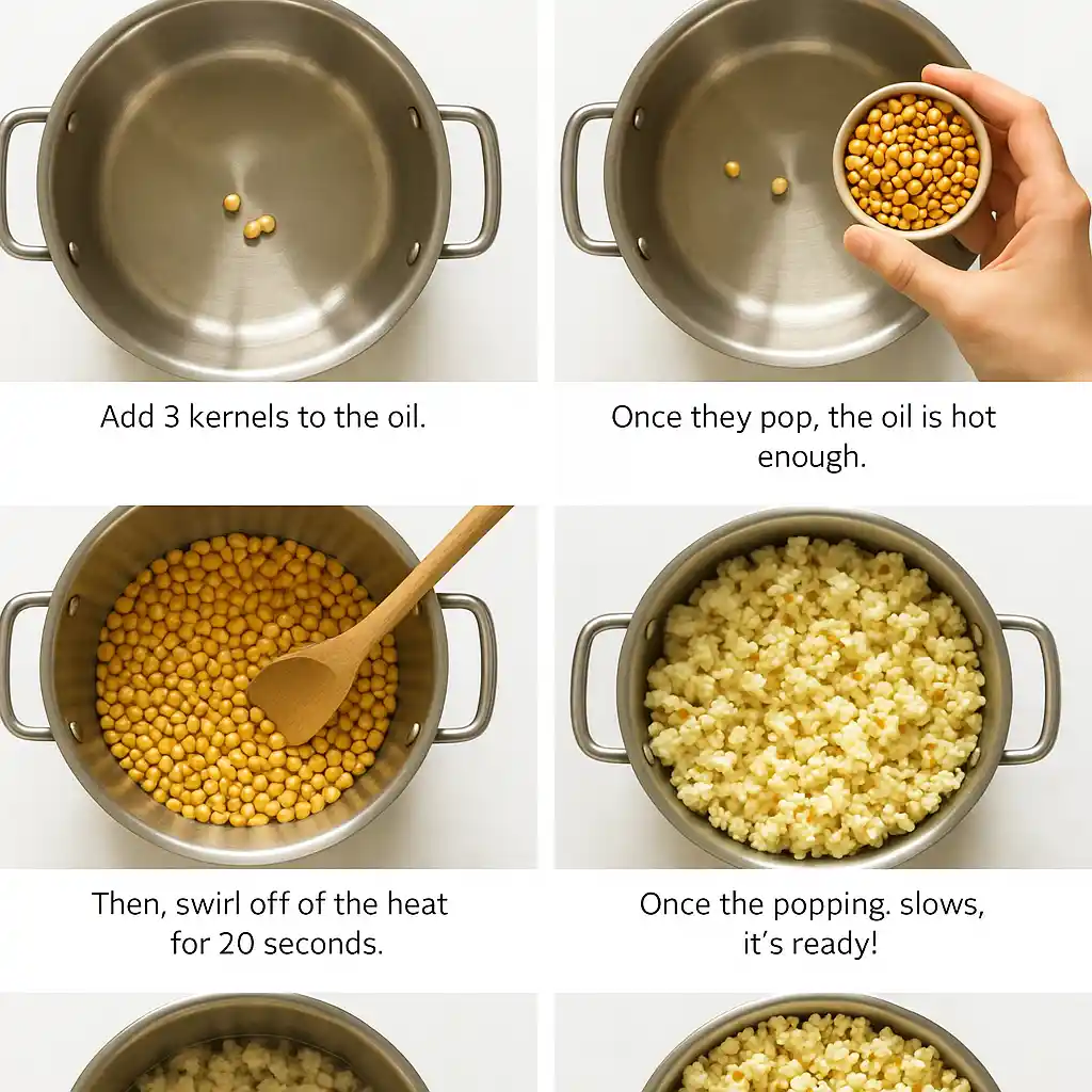 A clear, six-step photographic tutorial illustrating how to make perfect stovetop popcorn: test the oil with three kernels, add the rest, swirl off the heat briefly, cover and let pop, then savor your fresh, fluffy snack.