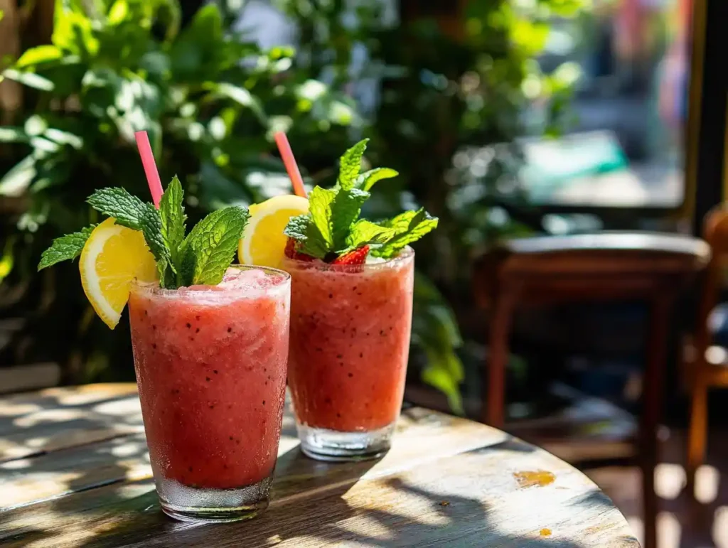 Garnished frozen strawberry lemonade on table