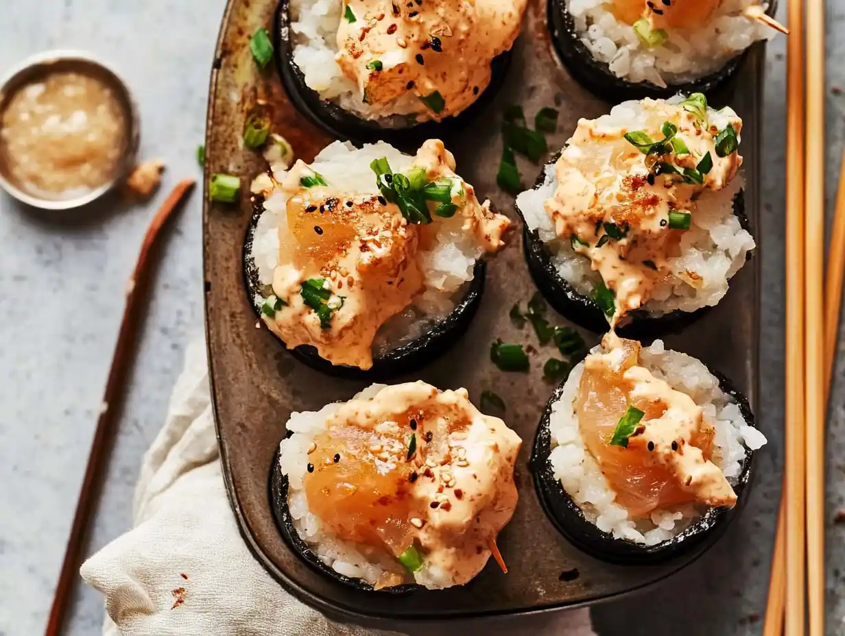 Baked sushi bites in a muffin tin, featuring rice and spicy salmon topped with creamy orange sauce, green onions, and sesame seeds.