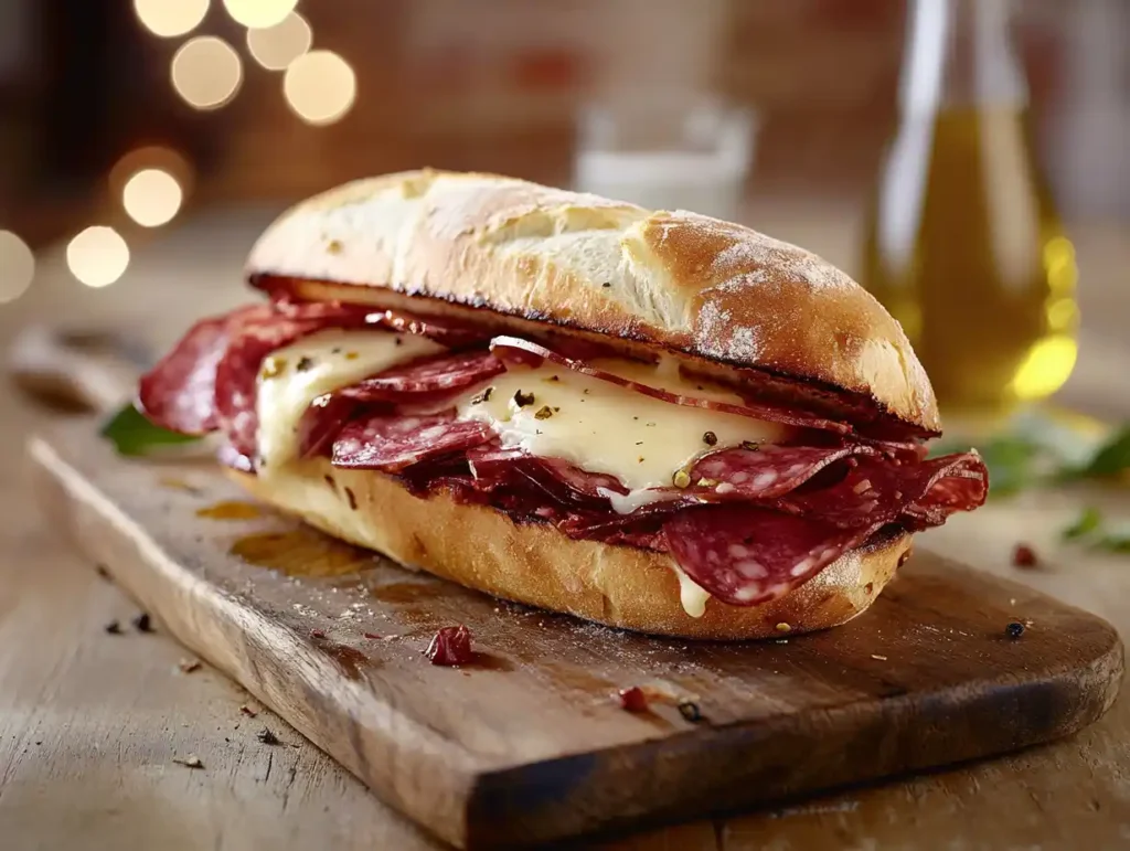 Artisan Italian sandwich with sliced capicola, soppressata, and melted provolone cheese on a crusty roll, served on a wooden board.