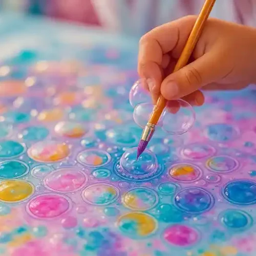 A child's hand painting colorful bubbles with a paintbrush on a vibrant watercolor background.