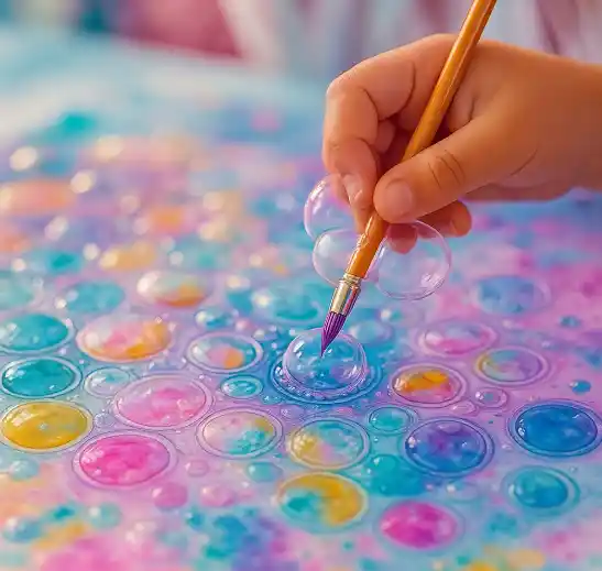 A child's hand painting colorful bubbles with a paintbrush on a vibrant watercolor background.