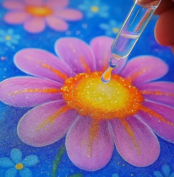 Colorful salt painting of a purple flower with orange and yellow center, with a dropper applying watercolor.