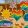 Colorful swirled sun catchers in heart, star, sun, and circle shapes, hanging above a table with painted stones and a matching swirled dish.