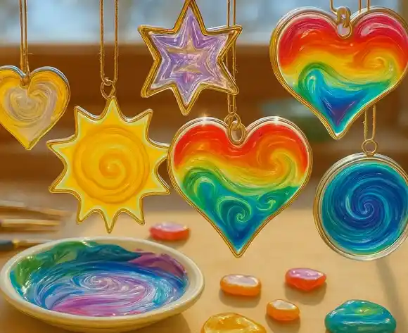 Colorful swirled sun catchers in heart, star, sun, and circle shapes, hanging above a table with painted stones and a matching swirled dish.