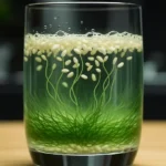 Close-up of rice grains floating and bubbling in a glass of green-tinted water during a dancing rice experiment
