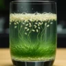 Close-up of rice grains floating and bubbling in a glass of green-tinted water during a dancing rice experiment