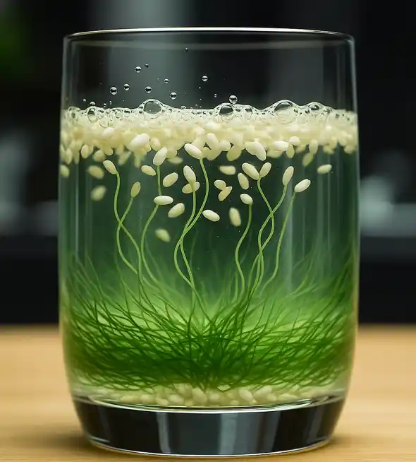 Close-up of rice grains floating and bubbling in a glass of green-tinted water during a dancing rice experiment