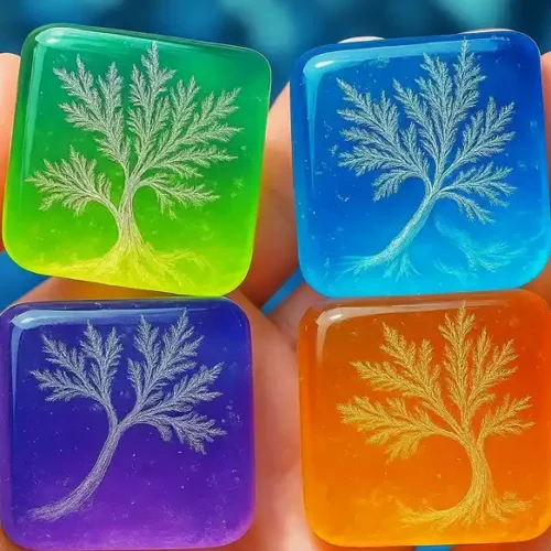 Four translucent, colorful square tiles held in a hand, each featuring a delicately etched tree design in shades of green, blue, purple, and orange.