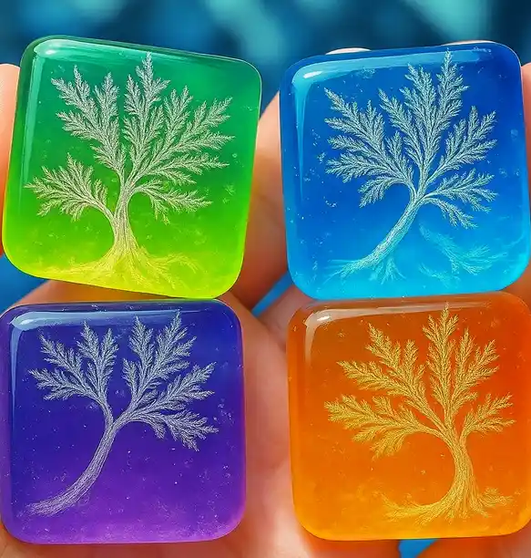 Four translucent, colorful square tiles held in a hand, each featuring a delicately etched tree design in shades of green, blue, purple, and orange.