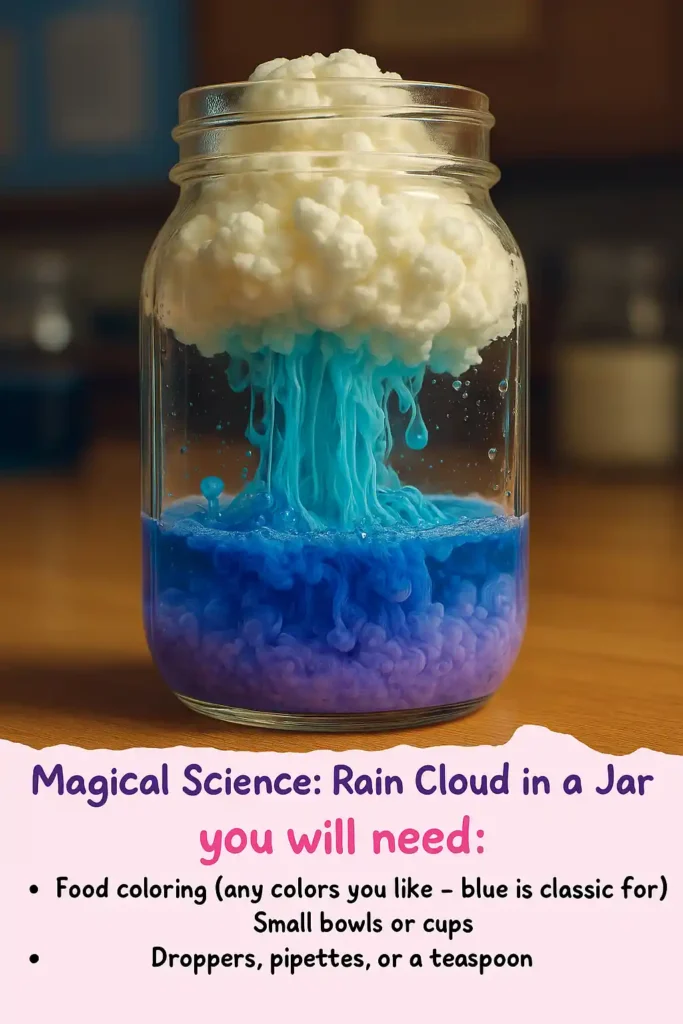 Rain Cloud in a Jar science experiment with labeled supply list