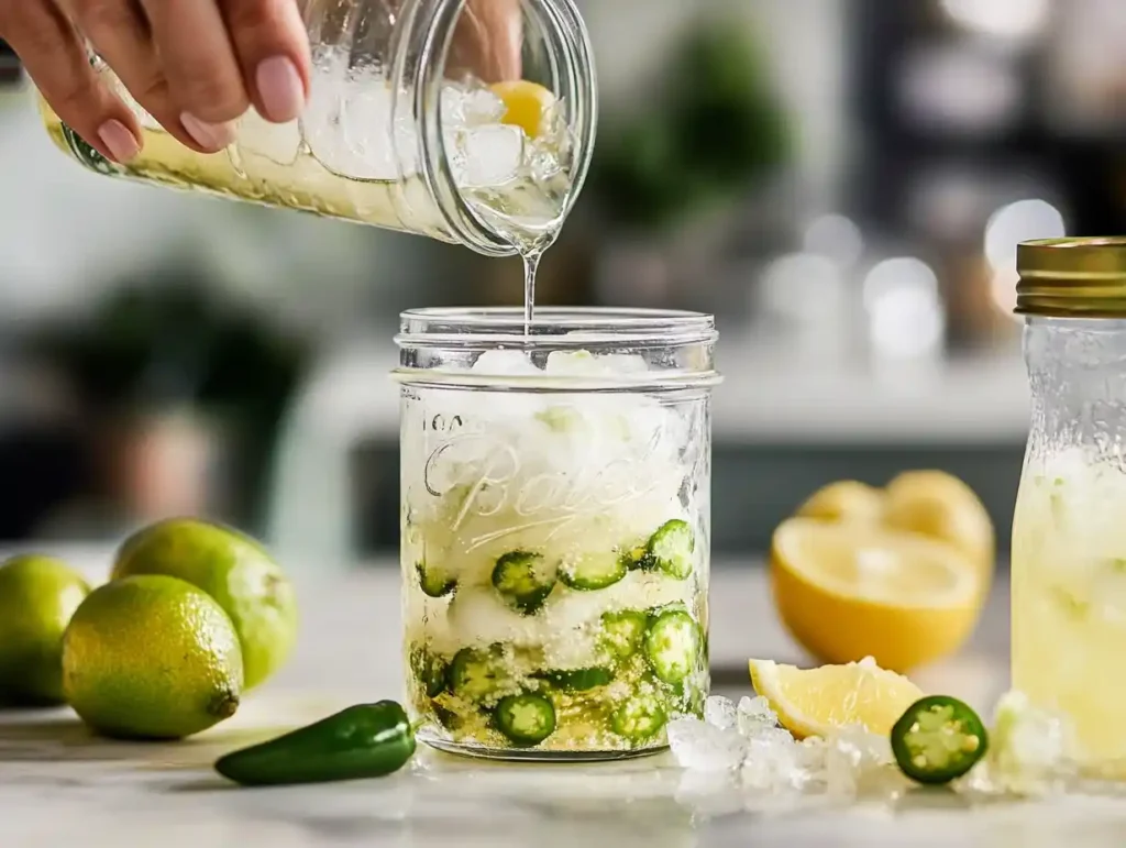 Mixing citrus and jalapeño in a jar