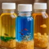 Colorful ocean sensory bottles filled with vibrant liquid, tiny toy fish, glitter, and textured materials, designed for calming sensory play.