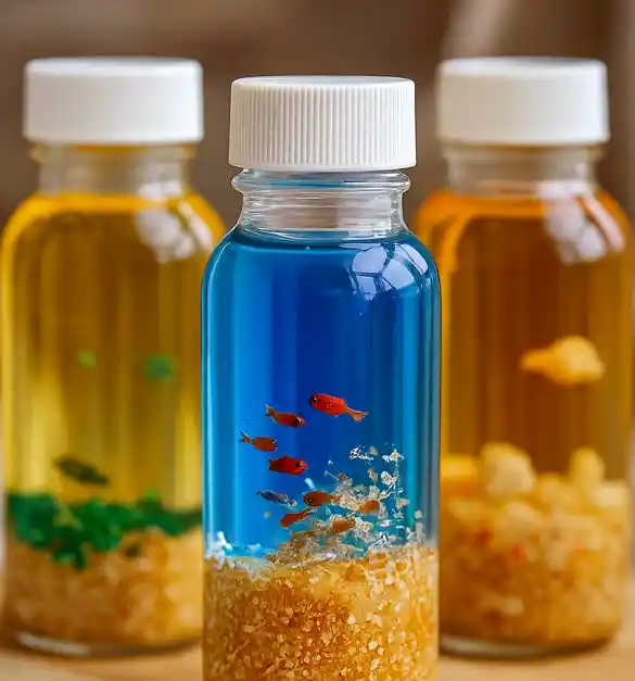 Colorful ocean sensory bottles filled with vibrant liquid, tiny toy fish, glitter, and textured materials, designed for calming sensory play.