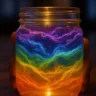 A glowing glass jar filled with swirling rainbow-colored light patterns, held gently by two hands in a dimly lit setting.
