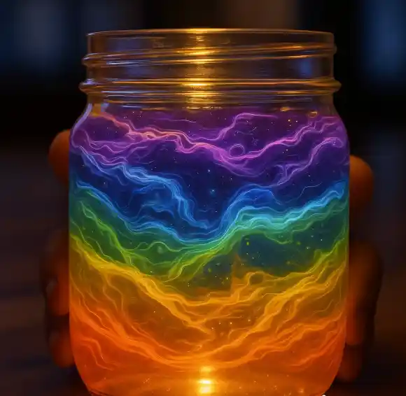 A glowing glass jar filled with swirling rainbow-colored light patterns, held gently by two hands in a dimly lit setting.