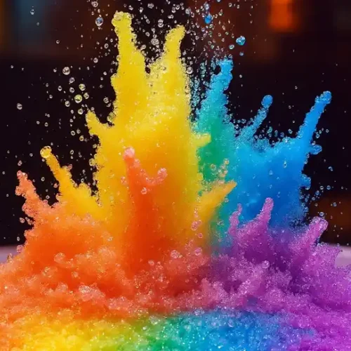 A vibrant splash of rainbow-colored liquid and crushed ice erupting in midair, forming vivid peaks of red, orange, yellow, green, blue, and purple.