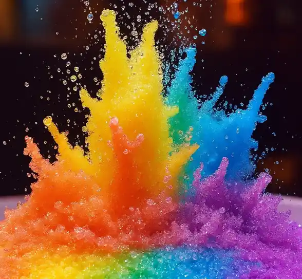 A vibrant splash of rainbow-colored liquid and crushed ice erupting in midair, forming vivid peaks of red, orange, yellow, green, blue, and purple.