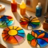 Four colorful stained glass-style suncatchers with black outlines and vibrant paints shaped like a sun, butterfly, and abstract floral patterns, drying in sunlight near bottles of window paint.