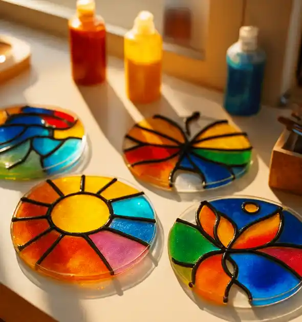 Four colorful stained glass-style suncatchers with black outlines and vibrant paints shaped like a sun, butterfly, and abstract floral patterns, drying in sunlight near bottles of window paint.