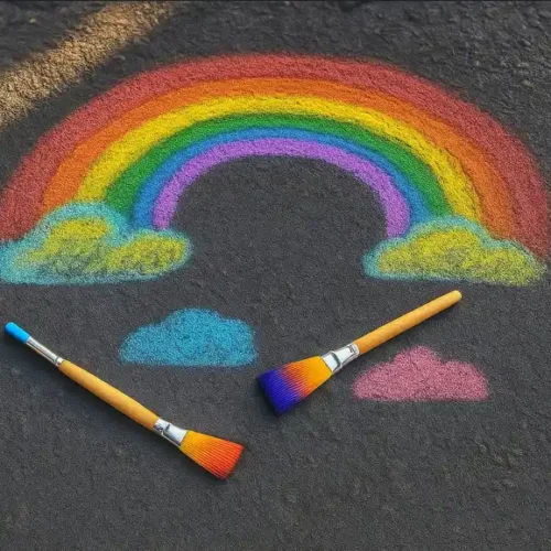 A colorful chalk drawing of a rainbow with clouds on a dark pavement, accompanied by two vibrant paintbrushes lying nearby.