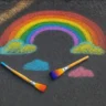 A colorful chalk drawing of a rainbow with clouds on a dark pavement, accompanied by two vibrant paintbrushes lying nearby.
