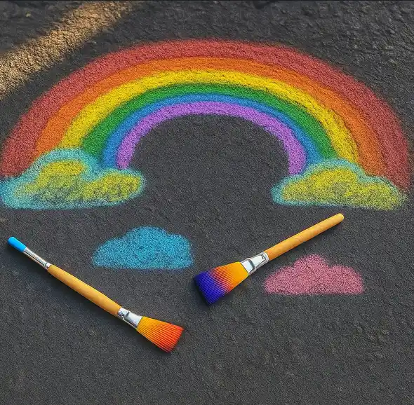 A colorful chalk drawing of a rainbow with clouds on a dark pavement, accompanied by two vibrant paintbrushes lying nearby.