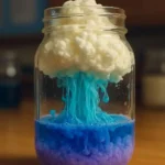 Rain Cloud in a Jar with blue coloring dripping through shaving cream