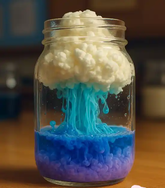 Rain Cloud in a Jar with blue coloring dripping through shaving cream