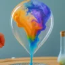 A vibrant science experiment shows a clear balloon filled with swirling colors of blue, orange, purple, and green liquid, creating a mesmerizing, marbled effect as the contents pour out from the bottom. A hand is seen about to touch the balloon, and a small bottle sits in the background on a wooden table.