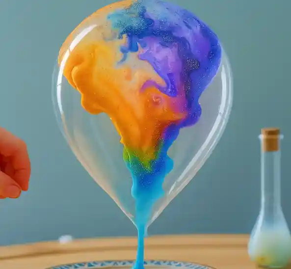 A vibrant science experiment shows a clear balloon filled with swirling colors of blue, orange, purple, and green liquid, creating a mesmerizing, marbled effect as the contents pour out from the bottom. A hand is seen about to touch the balloon, and a small bottle sits in the background on a wooden table.