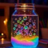 Colorful glowing bubbles inside a mason jar lamp with rainbow lights and a magical ambiance.