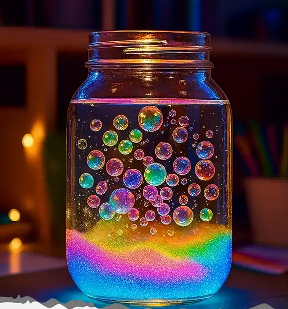 Colorful glowing bubbles inside a mason jar lamp with rainbow lights and a magical ambiance.
