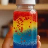 A close-up of a clear bottle held in a hand, containing red, yellow, and blue liquid layers with red bubbles rising through the liquid, resembling a homemade lava lamp.