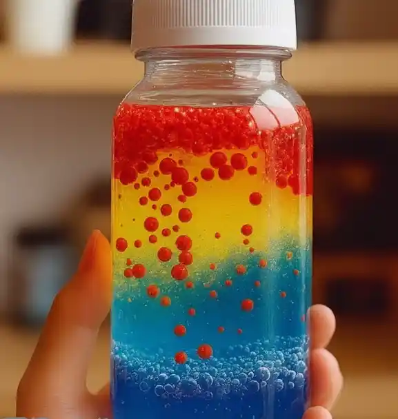 A close-up of a clear bottle held in a hand, containing red, yellow, and blue liquid layers with red bubbles rising through the liquid, resembling a homemade lava lamp.