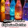 Colorful DIY Glitter Rainfall Explosion Bottles glowing in warm and cool hues, displayed on a dark surface.