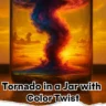 Colorful tornado swirling inside a clear glass jar with a vivid sunset background; labeled as “Tornado in a Jar with Color Twist” with materials list shown.