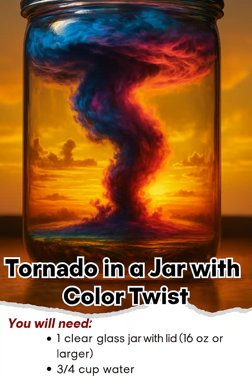 Colorful tornado swirling inside a clear glass jar with a vivid sunset background; labeled as “Tornado in a Jar with Color Twist” with materials list shown.