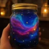 A hand holding a DIY Galaxy Jar filled with swirling blue, purple, and pink colors resembling a nebula, with golden stars glowing inside a clear glass jar sealed with a gold lid.
