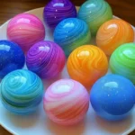 A collection of colorful swirl-patterned glowing bouncy balls arranged on a white plate.