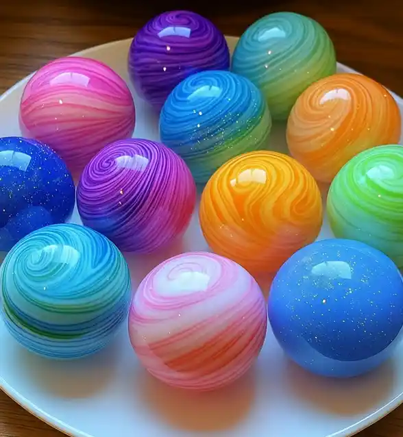 A collection of colorful swirl-patterned glowing bouncy balls arranged on a white plate.