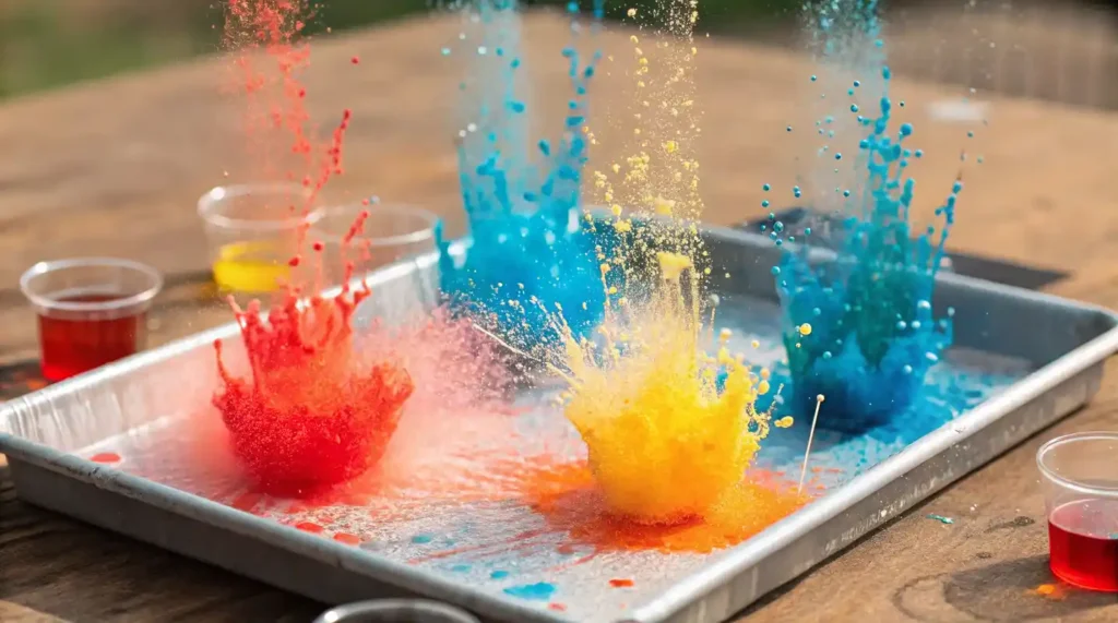 Colorful baking soda and vinegar eruptions in a tray showing red, yellow, and blue fizzy splashes from a science experiment for kids.