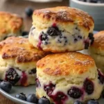 Freshly baked blueberry biscuits stacked on a plate, with juicy blueberries peeking through the golden, flaky layers.