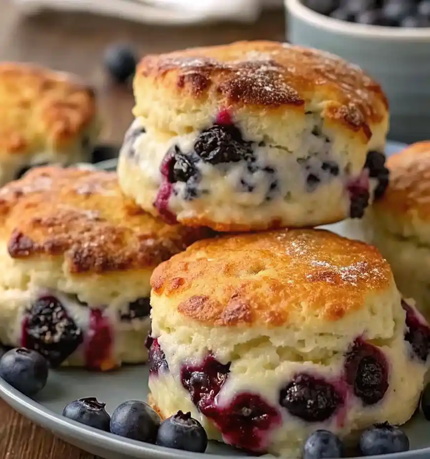 Freshly baked blueberry biscuits stacked on a plate, with juicy blueberries peeking through the golden, flaky layers.