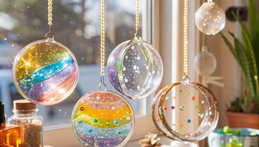DIY clear glue suncatchers with rainbow swirls and embedded glitter, hanging on golden chains in a sunny window.