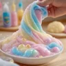 Rainbow-colored cornstarch and dish soap bubble dough with glittery texture being stretched by hand in a bowl.