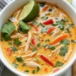 Bowl of Crockpot Thai Coconut Chicken Soup with shredded chicken, red bell peppers, fresh cilantro, and lime wedge in a creamy coconut curry broth.