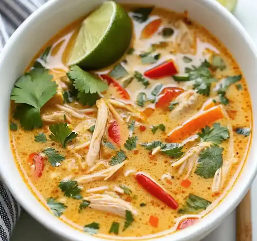 Bowl of Crockpot Thai Coconut Chicken Soup with shredded chicken, red bell peppers, fresh cilantro, and lime wedge in a creamy coconut curry broth.