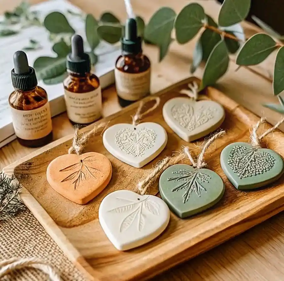 Handcrafted heart-shaped clay diffuser stones with botanical designs in earthy tones, arranged on a wooden tray with essential oil bottles and fresh eucalyptus in the background.